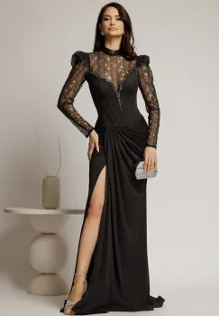 Rochie lunga neagra de seara cu top din dantela detasabil imagine