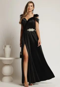 Rochie lunga neagra din tafta cu accesoriu in talie si pene la umeri imagine