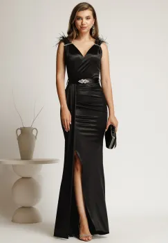 Rochie lunga neagra din tafta cu strasuri si pene la umeri imagine