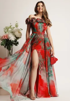 Rochie lunga rosie cu verde din voal cu flori maxi la decolteu si trena imagine