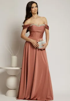 Rochie lunga roz coniac de seara din lycra cu bust buretat imagine