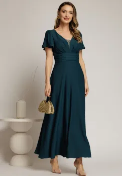 Rochie lunga turcoaz de ocazie cu decolteu adanc si maneci scurte evazate imagine