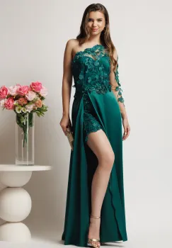 Rochie lunga verde din tafta si dantela cu crapatura maxi- Ella Collection Pamela imagine