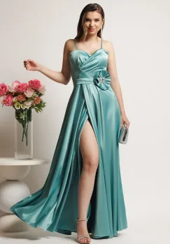 Rochie lunga verde mint in clos din tafta cu fusta petrecuta si crapatura- LaDonna imagine