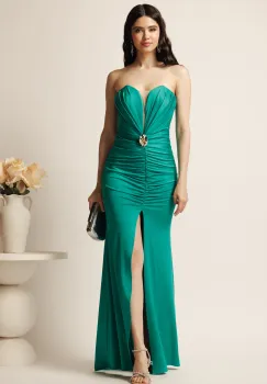 Rochie lunga verde mulata din lycra cu fronseu si accesoriu- LaDonna imagine