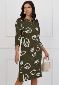 Rochie Mara kaki cu imprimeuri bej si aplicatie tip lant imagine