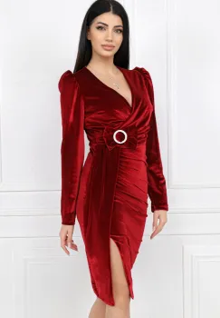 Rochie MBG eleganta de ocazie din catifea bordo cu catarama si funda in talie imagine