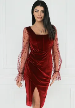 Rochie MBG eleganta din catifea bordo cu maneci din tull cu buline imagine