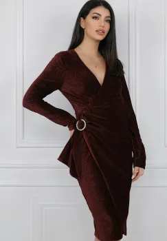 Rochie MBG eleganta din catifea burgundy cu insertii din fir lurex si catarama in talie imagine