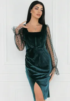 Rochie MBG eleganta din catifea verde cu maneci din tull cu buline imagine