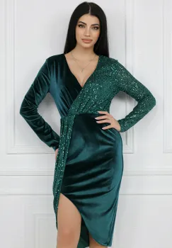 Rochie MBG eleganta din catifea verde cu paiete pe o parte imagine