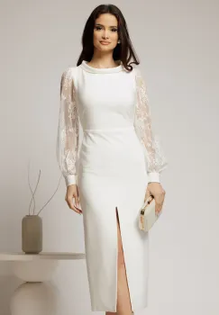 Rochie midi alba conica cu maneci din dantela si guler barcuta imagine