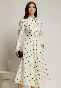 Rochie midi alba cu buline si guler ascutit imagine