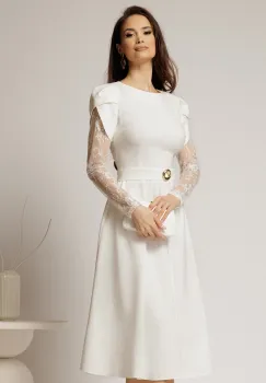 Rochie midi alba cu maneci din dantela si cordon detasabil imagine