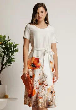 Rochie midi alba din satin cu imprimeu floral la baza si cordon in talie imagine