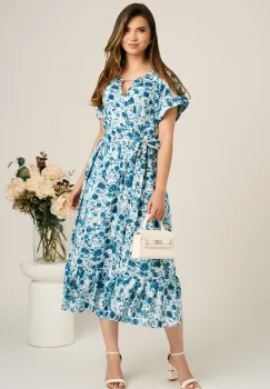 Rochie midi alba din viscoza in clos cu trandafiri turcoaz si cordon in talie imagine