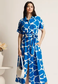 Rochie midi albastra cu alb din viscoza in clini cu nasturi si cordon in talie imagine