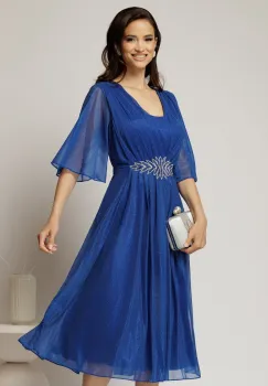 Rochie midi albastra de ocazie din voal cu sclipici si accesoriu talie imagine