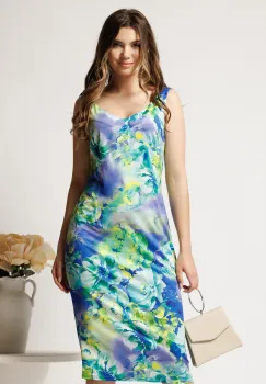 Rochie midi albastra din lycra cu croi drept si imprimeu verde imagine