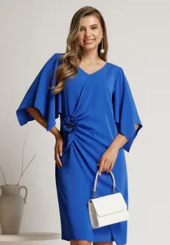 Rochie midi albastra din voal cu floare si volan in talie imagine