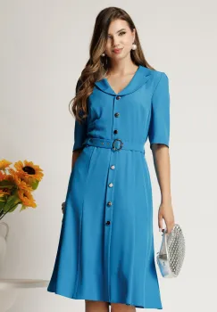 Rochie midi albastru din triplu voal cu nasturi si cordon imagine