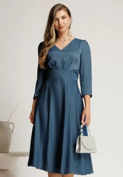 Rochie midi albastru petrol din voal in clos cu talie marcata imagine