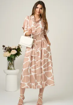 Rochie midi bej cu alb din viscoza in clini cu nasturi si cordon in talie imagine