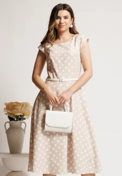 Rochie midi bej cu buline in clos cu buzunare si curea in talie imagine