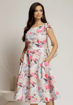 Rochie midi bej cu flori fucsia bleu in clos cu buzunare si curea in talie imagine