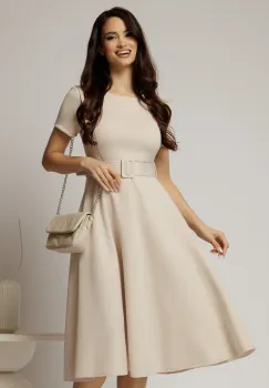 Rochie midi bej cu maneca scurta si curea in talie cu adaos de viscoza imagine