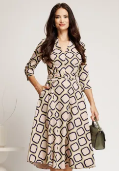 Rochie midi bej din crep cu imprimeu geometric lime si cordon in talie imagine