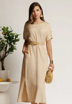 Rochie midi bej din tencel croi drept si curea in talie imagine