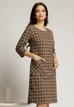 Rochie midi bej in carouri din lana cu buzunare imagine