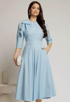 Rochie midi bleu clos cu funda ampla pe umar si cordon detasabil imagine