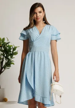 Rochie midi bleu cu buline din triplu voal in clos cu volane la maneci imagine