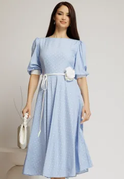 Rochie midi bleu cu buline si cordon detasabil in talie imagine