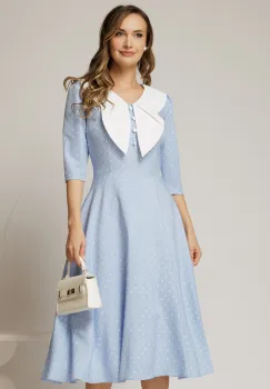 Rochie midi bleu cu buline si guler amplu croi clos imagine