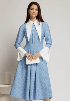 Rochie midi bleu cu buline si guler ascutit imagine