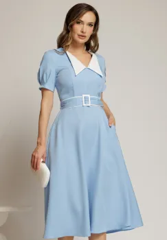 Rochie midi bleu cu guler alb in contrast si cordon cu insertii imagine