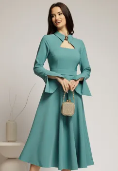 Rochie midi bleu cu guler tip camasa si decupaj la decolteu imagine