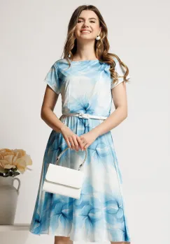 Rochie midi bleu cu imprimeu alb din lycra in clos imagine