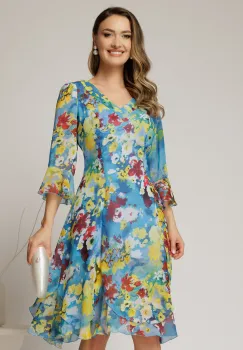 Rochie midi bleu cu imprimeuri din voal cu croi lejer si decolteu in V imagine