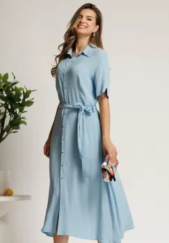 Rochie midi bleu din bumbac in clos cu cordon in talie imagine