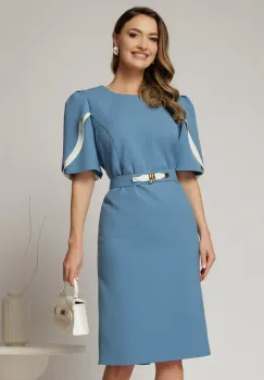 Rochie midi bleu din stofa cu croi conic si detalii ivory la maneci imagine