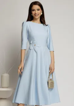 Rochie midi bleu din stofa in clos cu floare in talie imagine