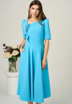 Rochie midi bleu din stofa in clos cu floare si margelute- LaDonna imagine
