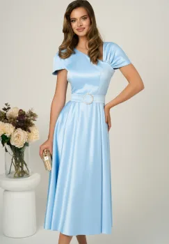 Rochie midi bleu din tafta subtire in clos cu cordon in talie- LaDonna imagine