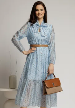 Rochie midi bleu din tencel cu buline si funda la decolteu imagine