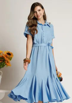 Rochie midi bleu din viscoza in clos cu nasturi si cordon imagine