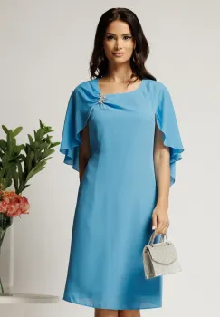 Rochie midi bleu din voal cu croi drept si accesoriu stralucitor la bust- Viada imagine